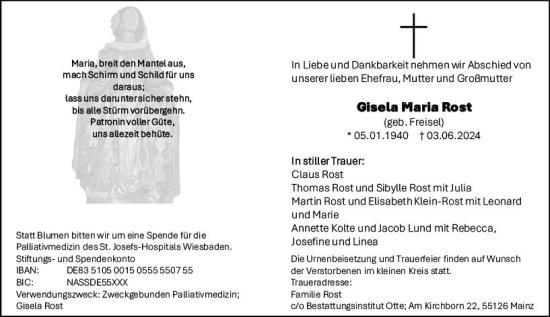 Traueranzeige von Gisela Maria Rost von Allgemeine Zeitung Mainz
