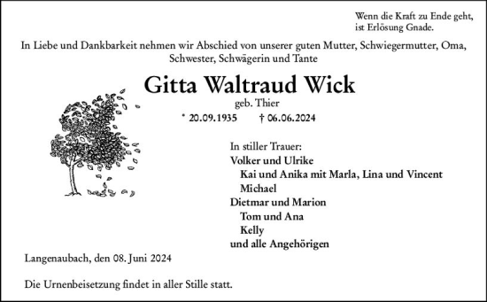 Traueranzeige von Gitta Waltraud Wick von Dill Block