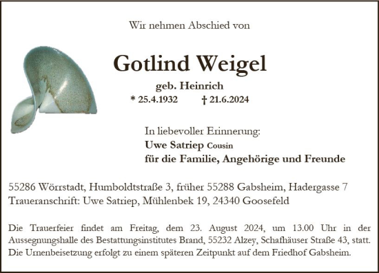 Traueranzeige von Gotlind Weigel von Allgemeine Zeitung Alzey