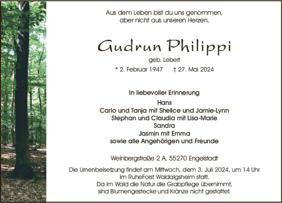 Traueranzeige von Gudrun Philippi von Allgemeine Zeitung Bingen/Ingelheim