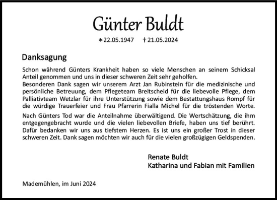 Traueranzeige von Günter Buidt von Dill Block