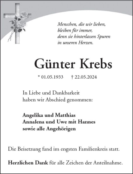 Traueranzeige von Günter Krebs von Wetzlarer Neue Zeitung
