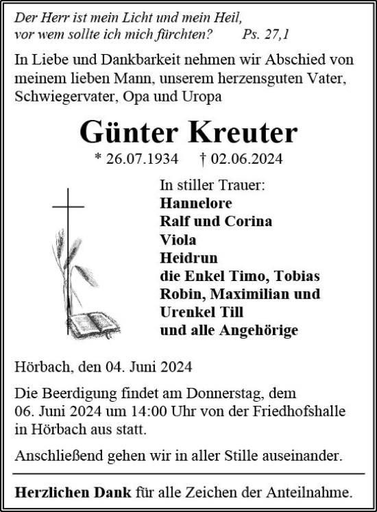 Traueranzeige von Günter Kreuter von Dill Block