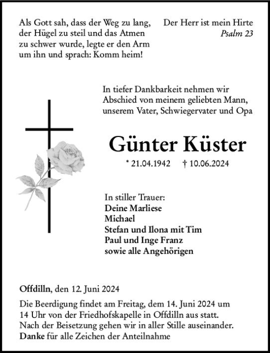Traueranzeige von Günter Küster von Dill Block