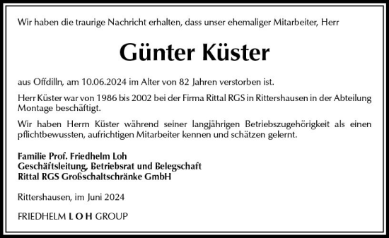 Traueranzeige von Günter Küster von Dill Block