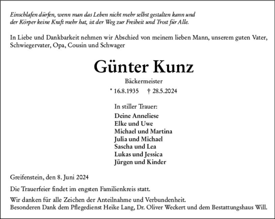 Traueranzeige von Günter Kunz von Wetzlarer Neue Zeitung