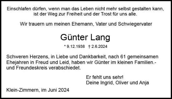 Traueranzeige von Günter Lang von Dieburger Anzeiger/Groß-Zimmerner Lokal-Anzeiger