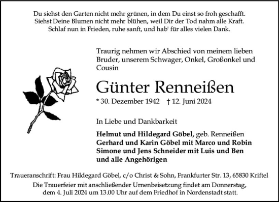 Traueranzeige von Günter Renneißen von Wiesbadener Kurier