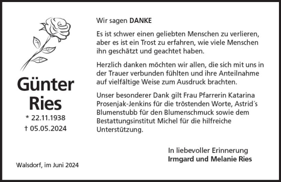 Traueranzeige von Günter Ries von Camberger Anzeiger