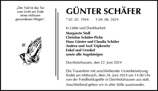 Traueranzeige von Günter Schäfer von Wetzlarer Neue Zeitung