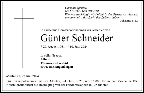 Traueranzeige von Günter Schneider von Nassauische Neue Presse