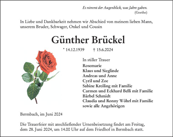 Traueranzeige von Günther Brückel von Weilburger Tageblatt