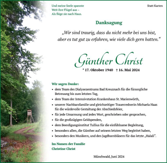 Traueranzeige von Günther Christ von Allgemeine Zeitung Bad Kreuznach