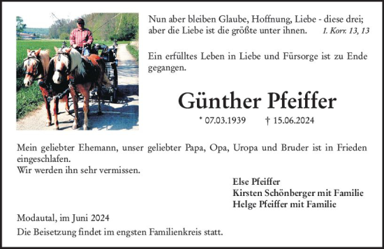 Traueranzeige von Günther Pfeiffer von Darmstädter Echo