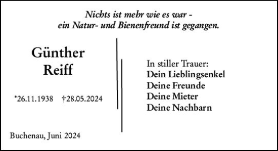 Traueranzeige von Günther Reiff von Hinterländer Anzeiger