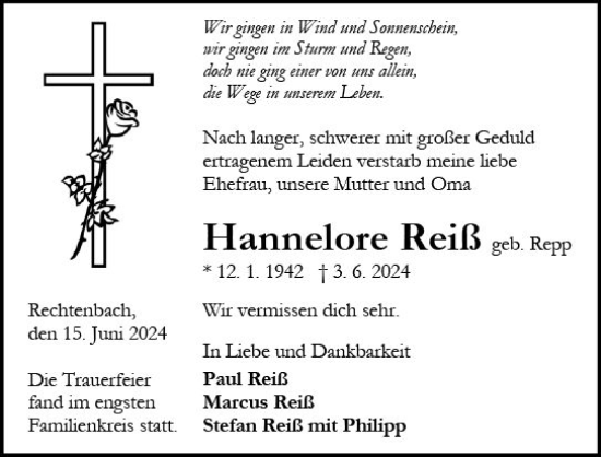 Traueranzeige von Hannelore Reiß von Wetzlarer Neue Zeitung