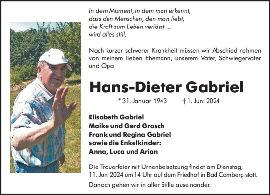 Traueranzeige von Hans-Dieter Gabriel von Camberger Anzeiger