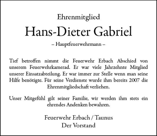 Traueranzeige von Hans-Dieter Gabriel von Camberger Anzeiger