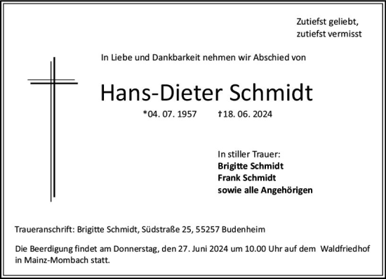 Traueranzeige von Hans-Dieter Schmidt von Wiesbadener Kurier