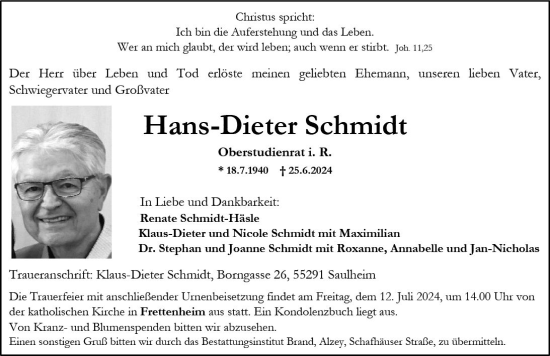 Traueranzeige von Hans-Dieter Schmidt von Allgemeine Zeitung Alzey
