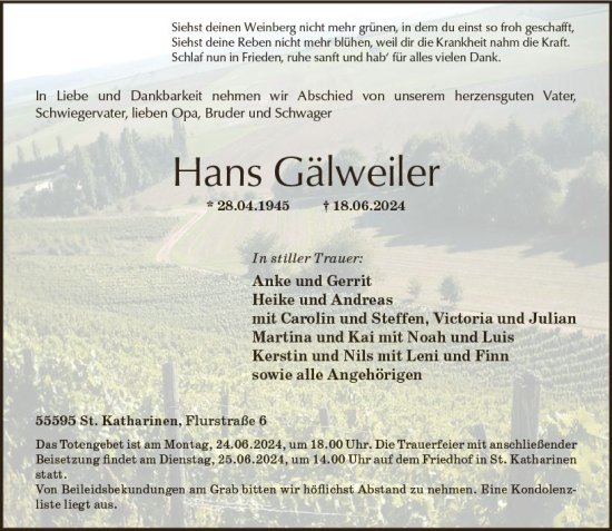 Traueranzeige von Hans Gälweiler von Allgemeine Zeitung Bad Kreuznach