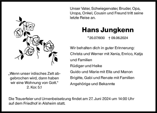 Traueranzeige von Hans Jungkenn von Wormser Zeitung