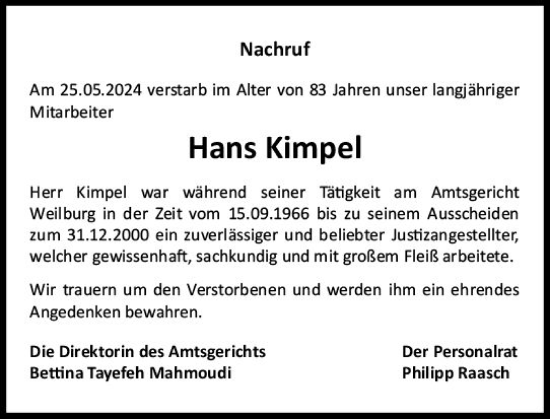 Traueranzeige von Hans Kimpel von Weilburger Tageblatt