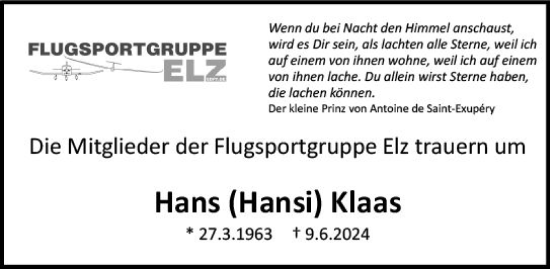 Traueranzeige von Hans  Klaas von Nassauische Neue Presse