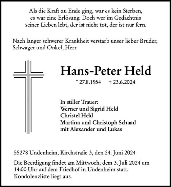 Traueranzeige von Hans-Peter Held von Allgemeine Zeitung Mainz