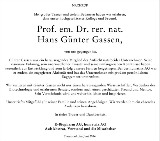 Traueranzeige von Hans Günter Gassen von Darmstädter Echo