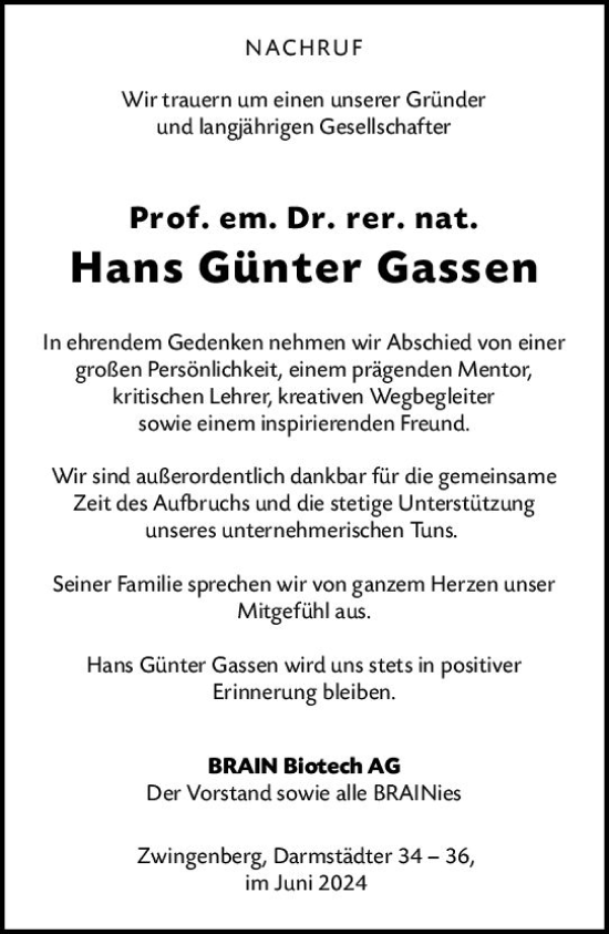 Traueranzeige von Hans Günter Gassen von Darmstädter Echo
