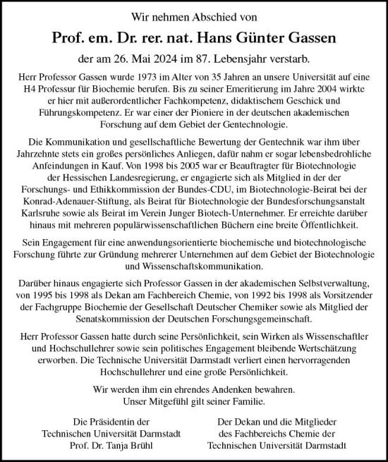 Traueranzeige von Hans Günter Gassen von Darmstädter Echo