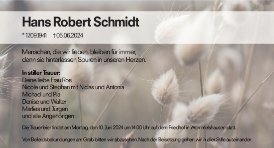 Traueranzeige von Hans Robert Schmidt von Hinterländer Anzeiger