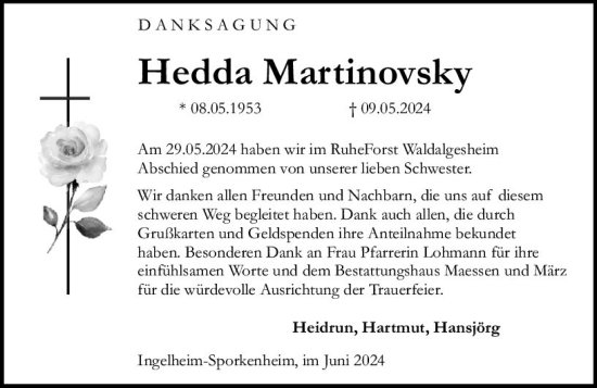 Traueranzeige von Hedda Martinovsky von Allgemeine Zeitung Bingen/Ingelheim