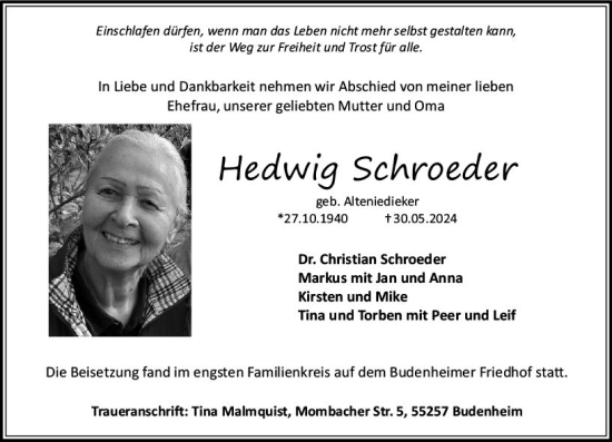 Traueranzeige von Hedwig Schroeder von Allgemeine Zeitung Bad Kreuznach