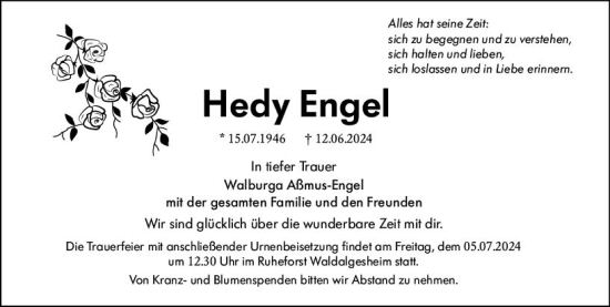 Traueranzeige von Hedy Engel von Allgemeine Zeitung Mainz