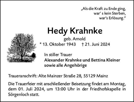 Traueranzeige von Hedy Krahnke von Allgemeine Zeitung Mainz