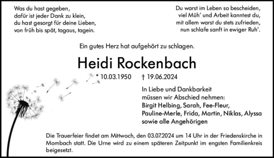 Traueranzeige von Heidi Rockenbach von Allgemeine Zeitung Mainz