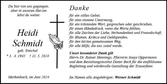 Traueranzeige von Heidi Schmidt von Dill Block