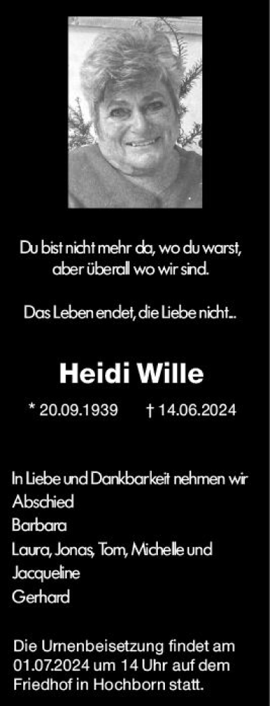Traueranzeige von Heidi Wille von Allgemeine Zeitung Alzey