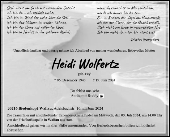 Traueranzeige von Heidi Wolfertz von Hinterländer Anzeiger
