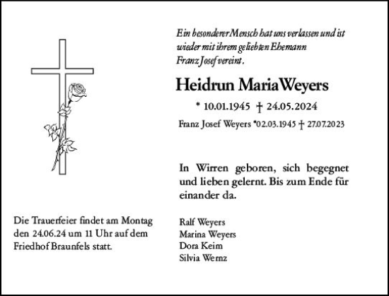 Traueranzeige von Heidrun Weyers von Wetzlarer Neue Zeitung