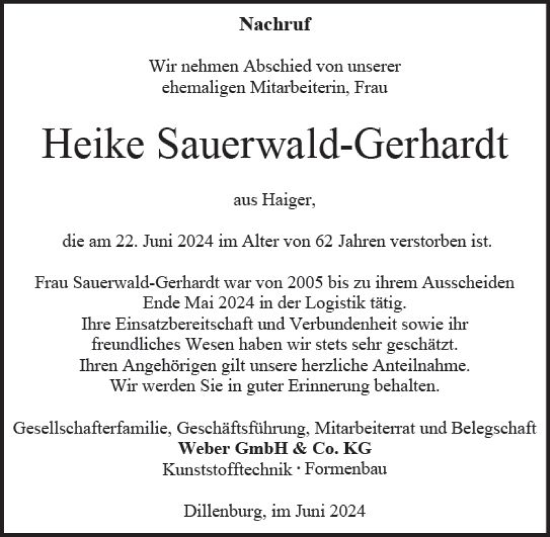 Traueranzeige von Heike Sauerwald-Gerhardt von Dill Block