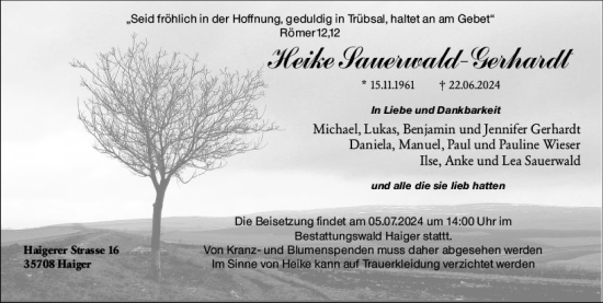 Traueranzeige von Heike Sauerwald-Gerhardt von Dill Block