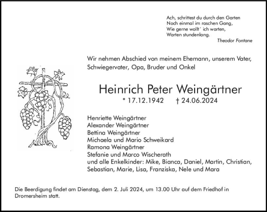 Traueranzeige von Heinrich Peter Weingärtner von Allgemeine Zeitung Bingen/Ingelheim