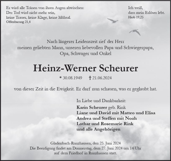 Traueranzeige von Heinz-Werner Scheurer von Hinterländer Anzeiger