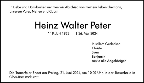 Traueranzeige von Heinz Walter Peter von Darmstädter Echo