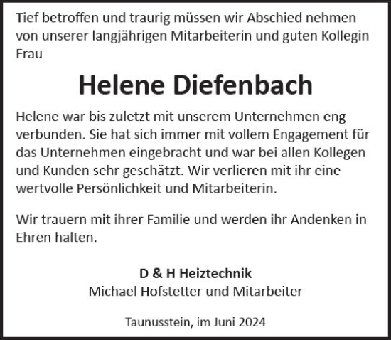 Traueranzeige von Helene Diefenbach von Wiesbadener Kurier