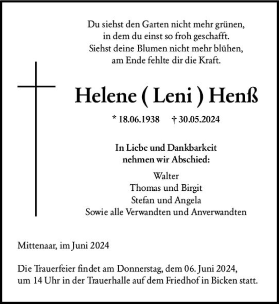 Traueranzeige von Helene Henß von Dill Block