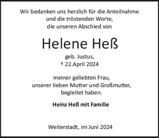 Traueranzeige von Helene Heß von Darmstädter Echo